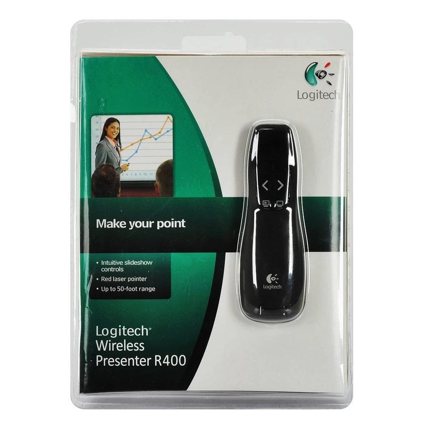 Logitech R400 Premium Wireless Presenter 2.4 GHz Pointer Red Laser Merah Receiver Remote Control Nirkabel Jarak Jauh 15 Meter Presentasi Power Point Presentation PPT for Windows Mac OEM