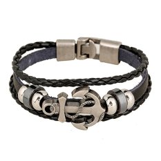 Bluelans® Pria Logam Antik Jangkar Baja Berhias Peselancar Kulit Imitasi Manset Gelang (hitam)