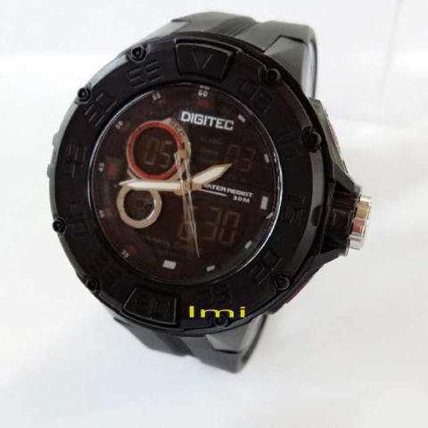 Home; Digitec Dual Time Jam Tangan Pria - Hitam List Merah- Rubber Strap -
