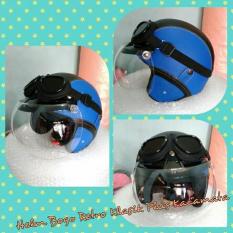 Helm Bogo Retro Kulit Klasik Biru Hitam Plus Kacamata