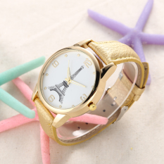 Hot Jual Menara Eiffel Kuarsa Analog Wanita PU Kulit Jam Tangan Emas