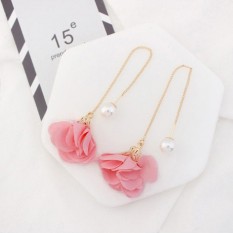 LRC Anting Gantung Elegant Pink Flower Shape Decorated Simple Long Chain Earrings