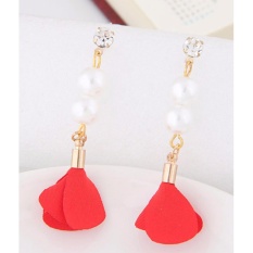 LRC Anting Tusuk Elegant Red Pearl&diamond Decorated Flower Pure Color Earrings