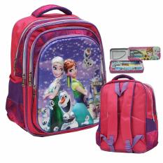 Onlan Disney Frozen Fever 5D Timbul Tas Ransel Anak Sekolah SD Ukuran Besar 4 Kantung Import Dan Kotak Pensil Set Alat Tulis - Blue