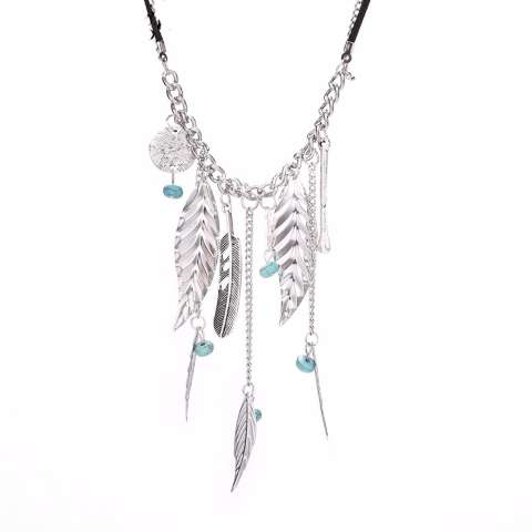 Vienna Linz Kalung Fashion Wanita Silverian Vintage Chocker Korea Retro Leaf Daun Rumbai Rhinestone Necklace Pendant