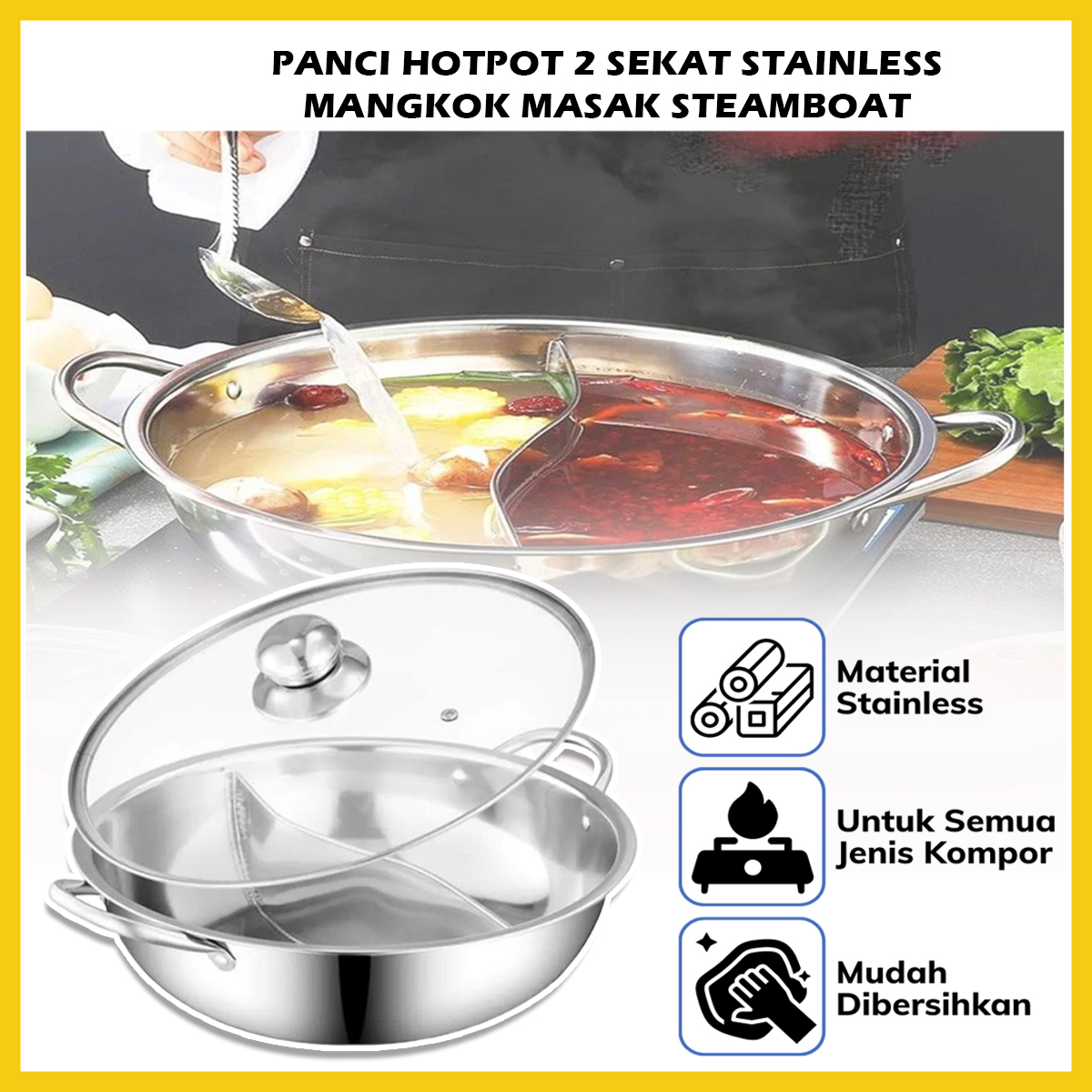 Panci Hotpot 2 Sekat Stainless Steel 28Cm Steamboat Shabu Suki Kuali