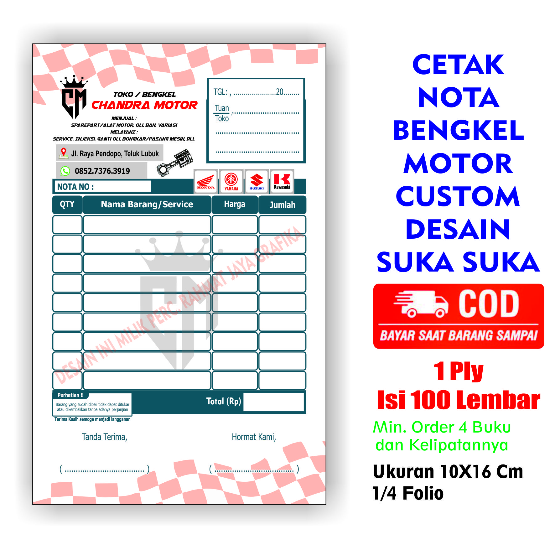 Cetak Nota Bengkel Motor Custom Ply Isi Lembar Buku Nama Sendiri