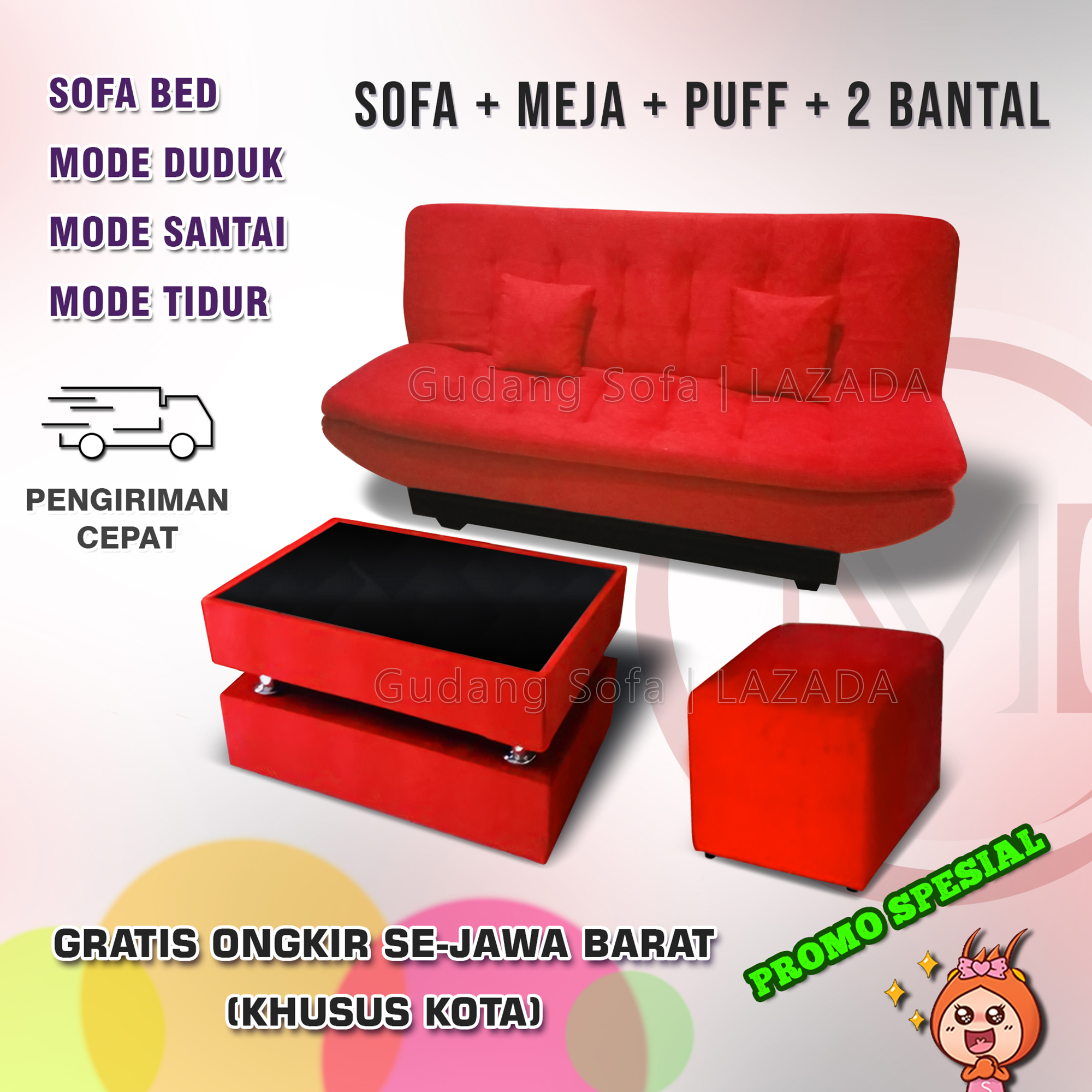 Sofa Bed PILLOWTOP Meja Puff Stool Bonus 2 Bantal Bahan Bludru