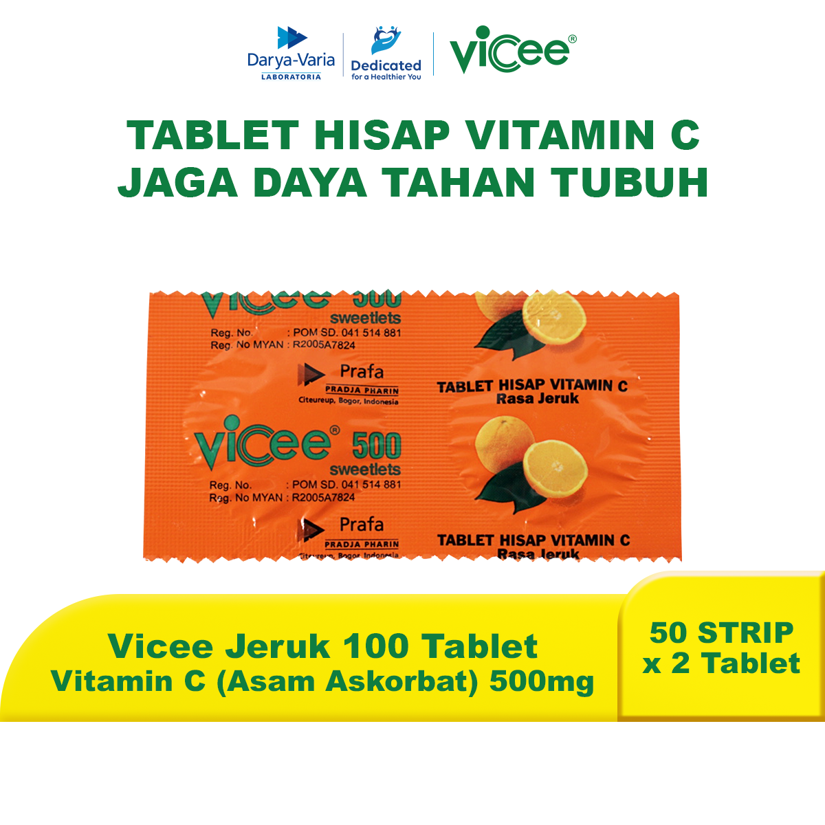 Vicee Jeruk Vitamin C Suplement Harian Isi 100 Tablet Hisap 50 Strips