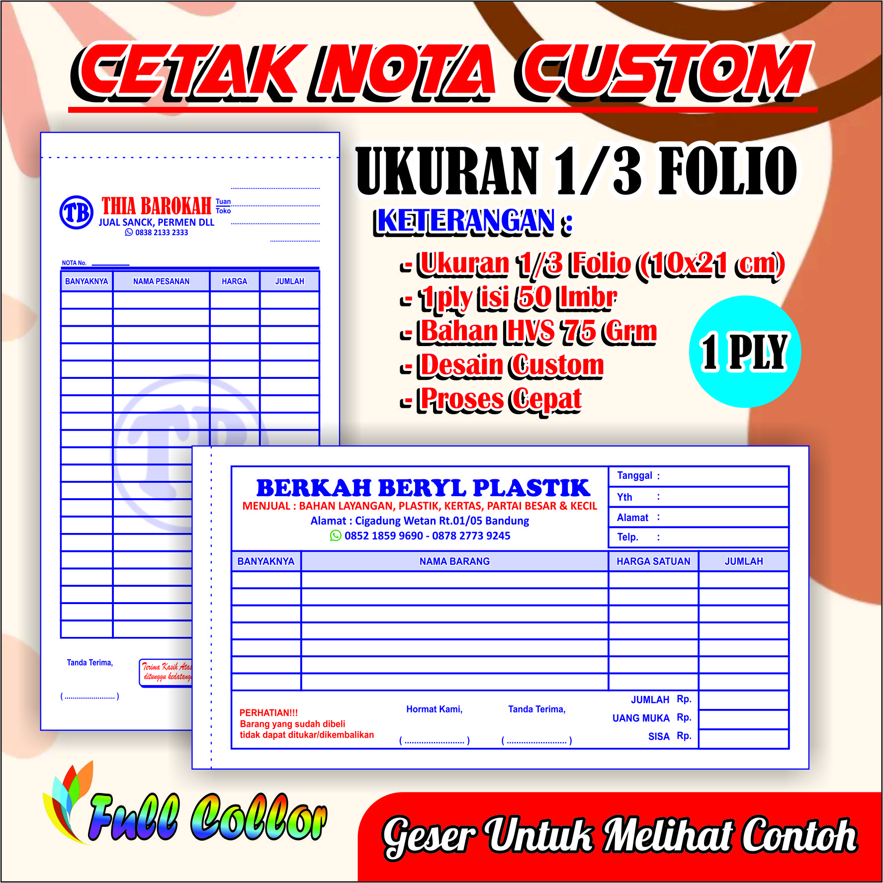 Promo Murah Cetak Nota Custom Dengan Nama Sendiri Ukuran 1 3 Folio 1ply