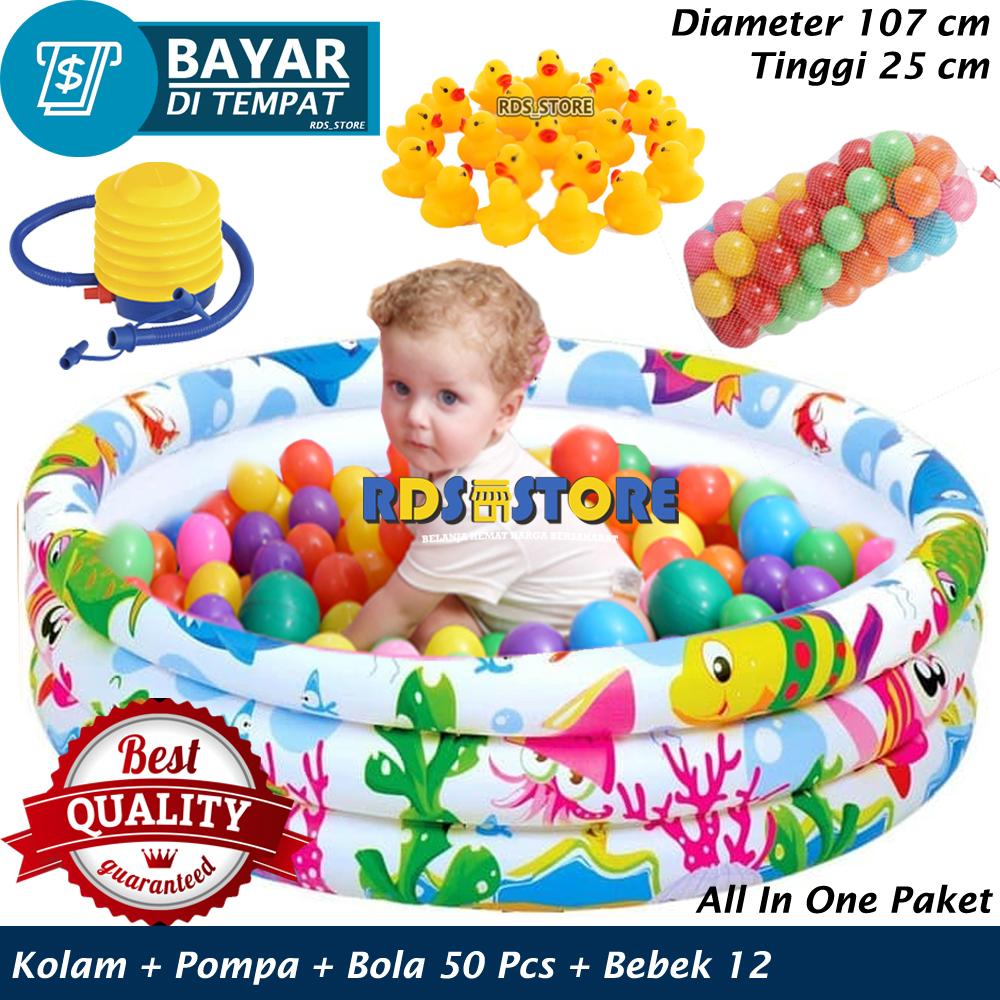 Kolam Renang Anak Mandi Bola Ocean Life Sea World Pool - 107 x 25 Cm + Pompa + Bebek + Bola 50 Pcs