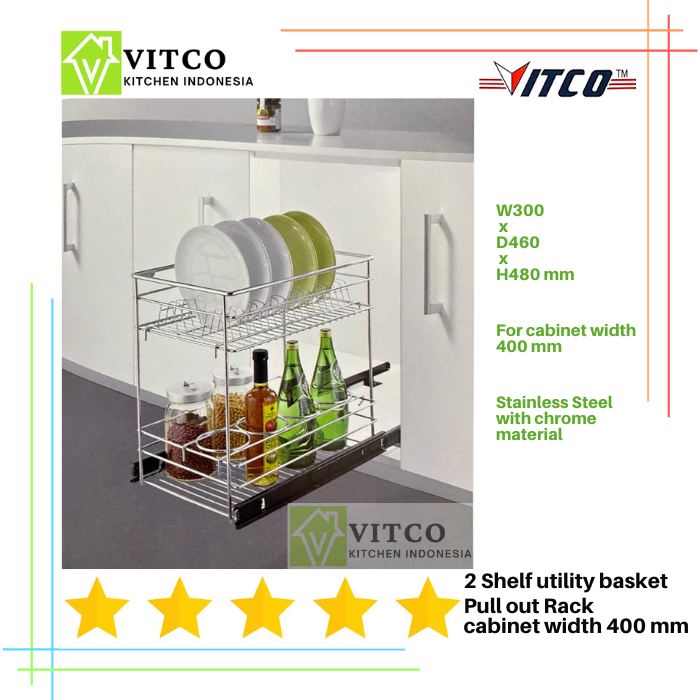 VITCO 2 Shelf Utility Pull Out Rack Cabinet 400 Mm Rak Tarik Dapur