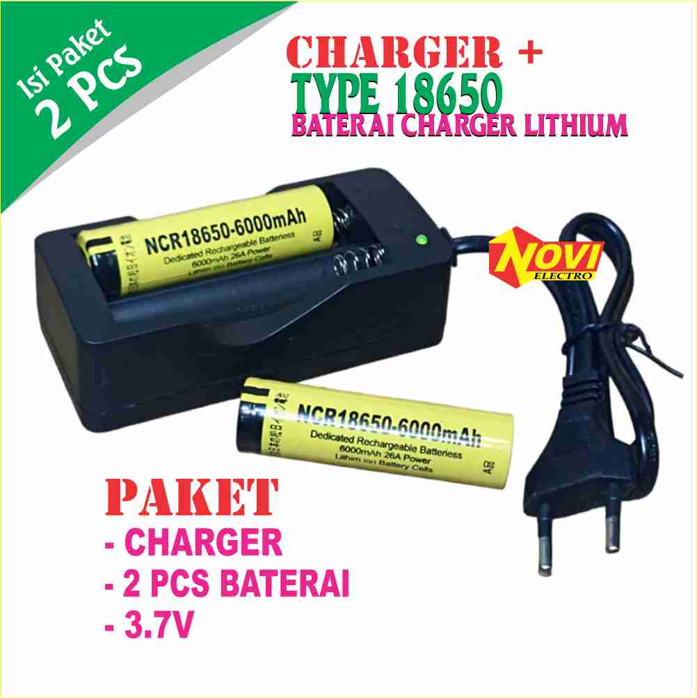 Paket Adaptor Charger 2 Batterai 18650 Li Ion 3 7v 6000mAh Jenis