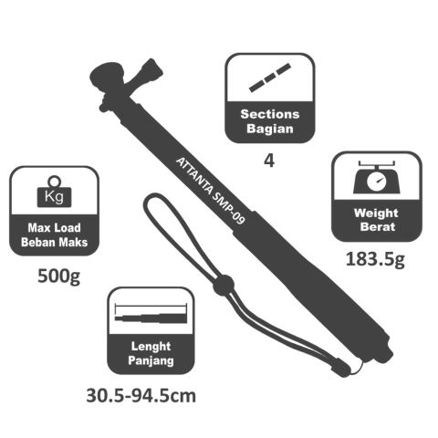 Attanta SMP-09A Monopod Tongsis Titanium for GoPro, Xiaomi Yi & HP - Hitam 7
