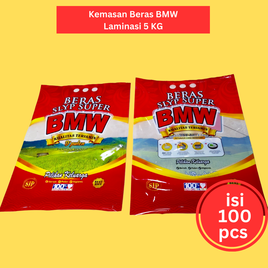 100 Pcs Kemasan Plastik Beras Merek BMW Laminasi 5 Kg Bahan Nylon