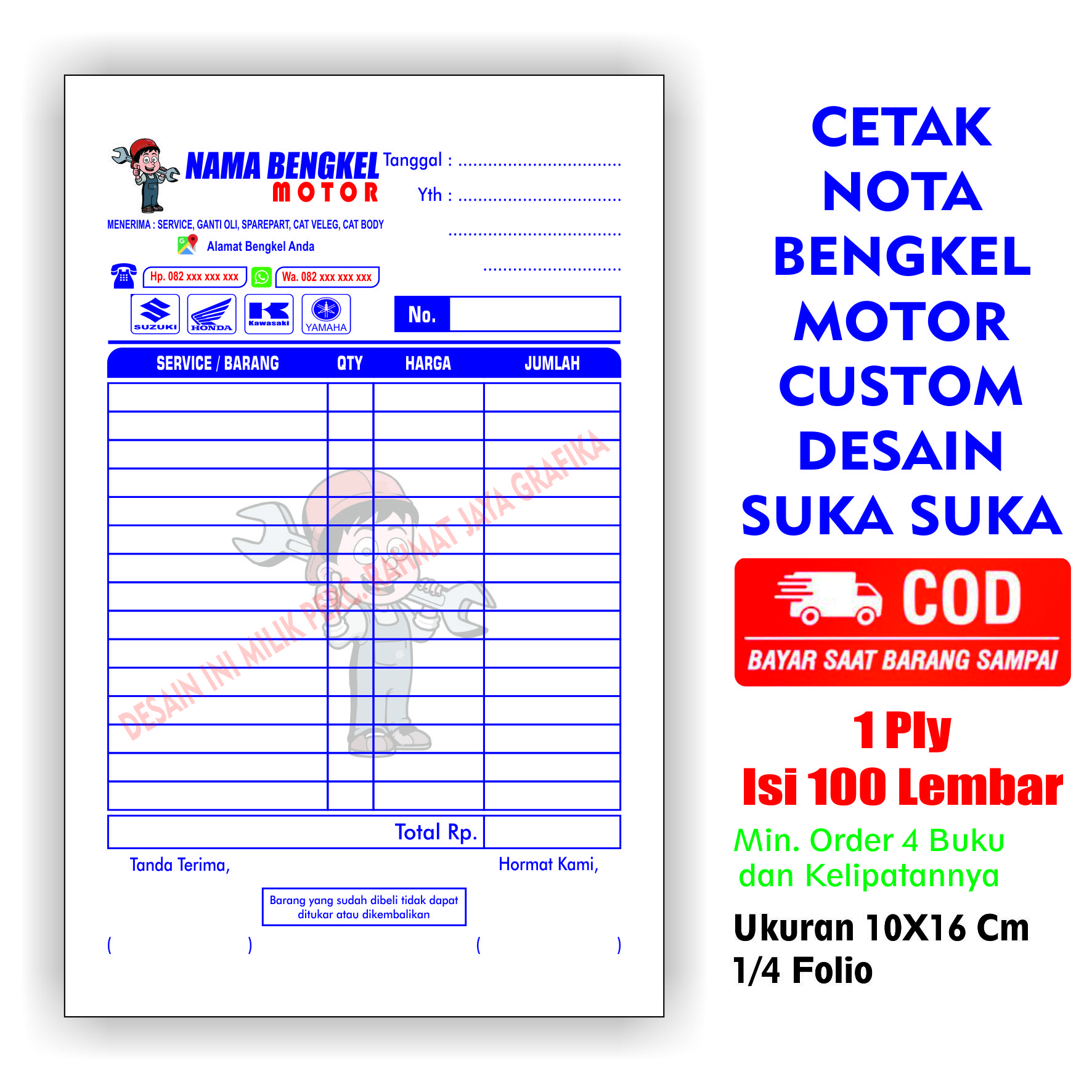 NOTA BENGKEL NAMA SENDIRI 1 PLY Isi 100 Lembar NOTA BEGNKEL NOTA