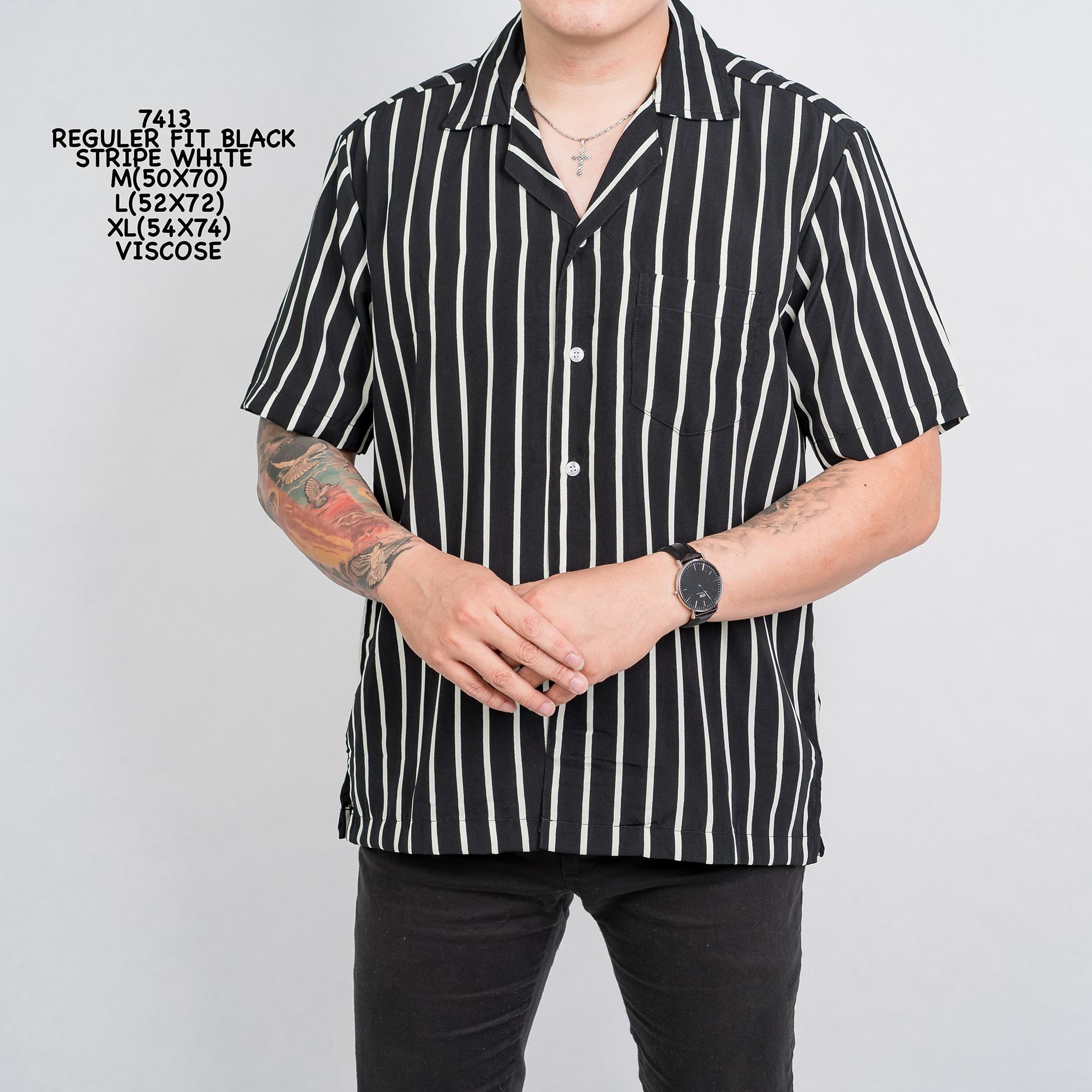 Freypv 7412 7413 Reguler Fit Stripe Navy & White Kemeja Pendek