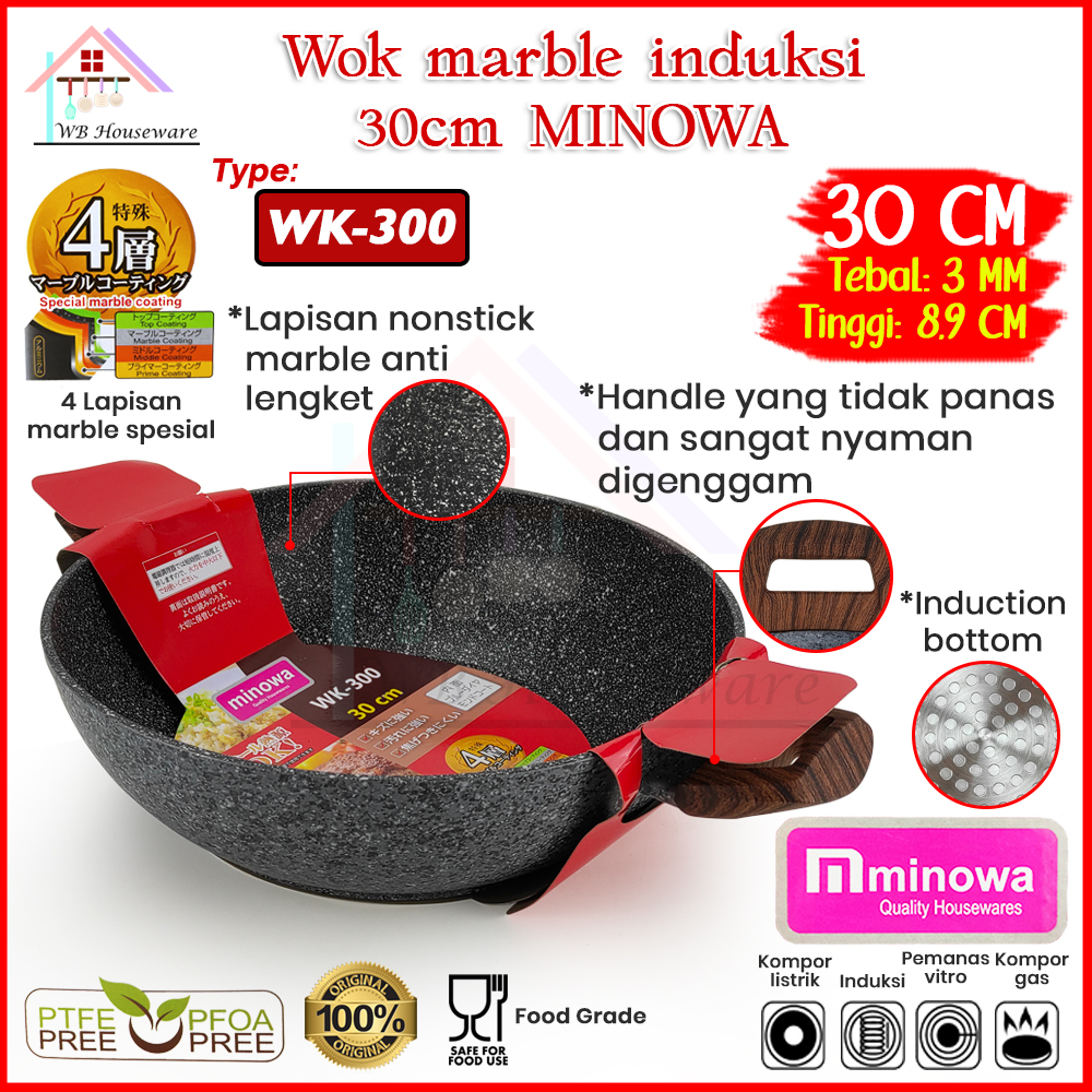 MINOWA Wajan Kuping Wok 30cm Marble Kuali Masak Anti Lengket Panci