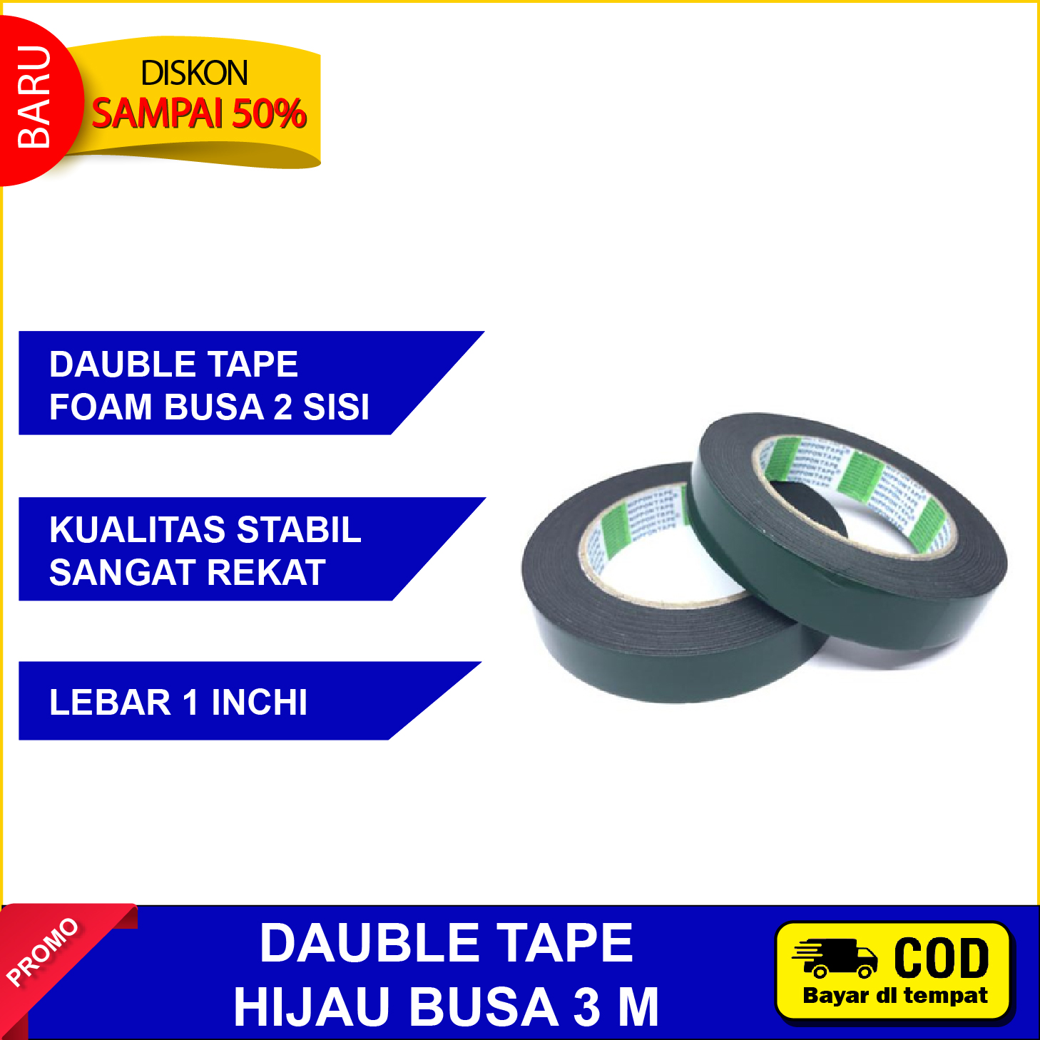 Double Tape Lakban Perekat Lakban Busa Double Tape Foam Hijau 1 Inch