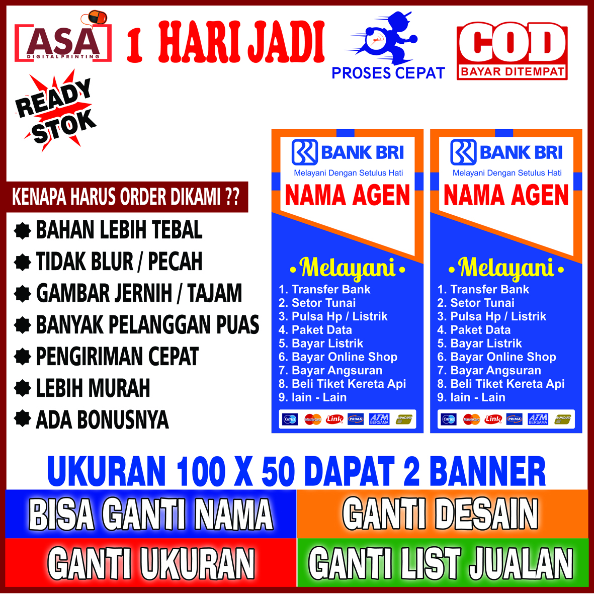 SPANDUK BANNER AGEN BRILINK UKURAN 100 X 50 BISA GANTI NAMA DAN