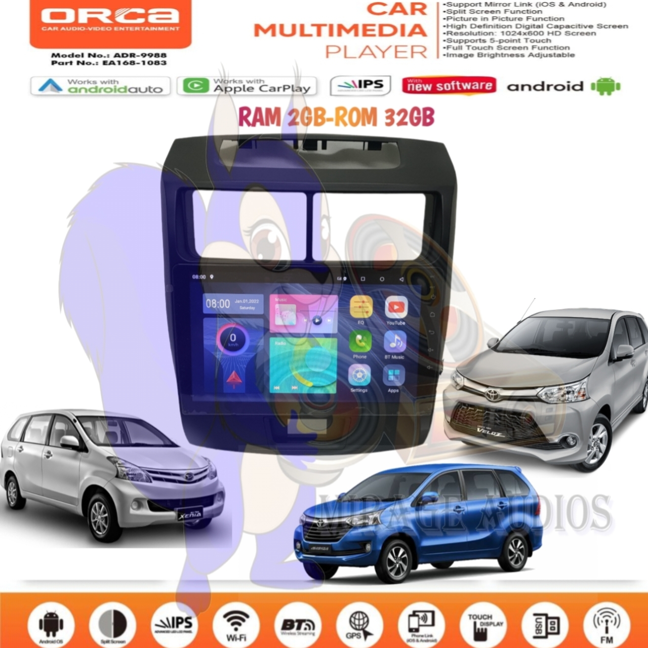 Head Unit Android Orca Eco Series Carplay Avanza Xenia Veloz