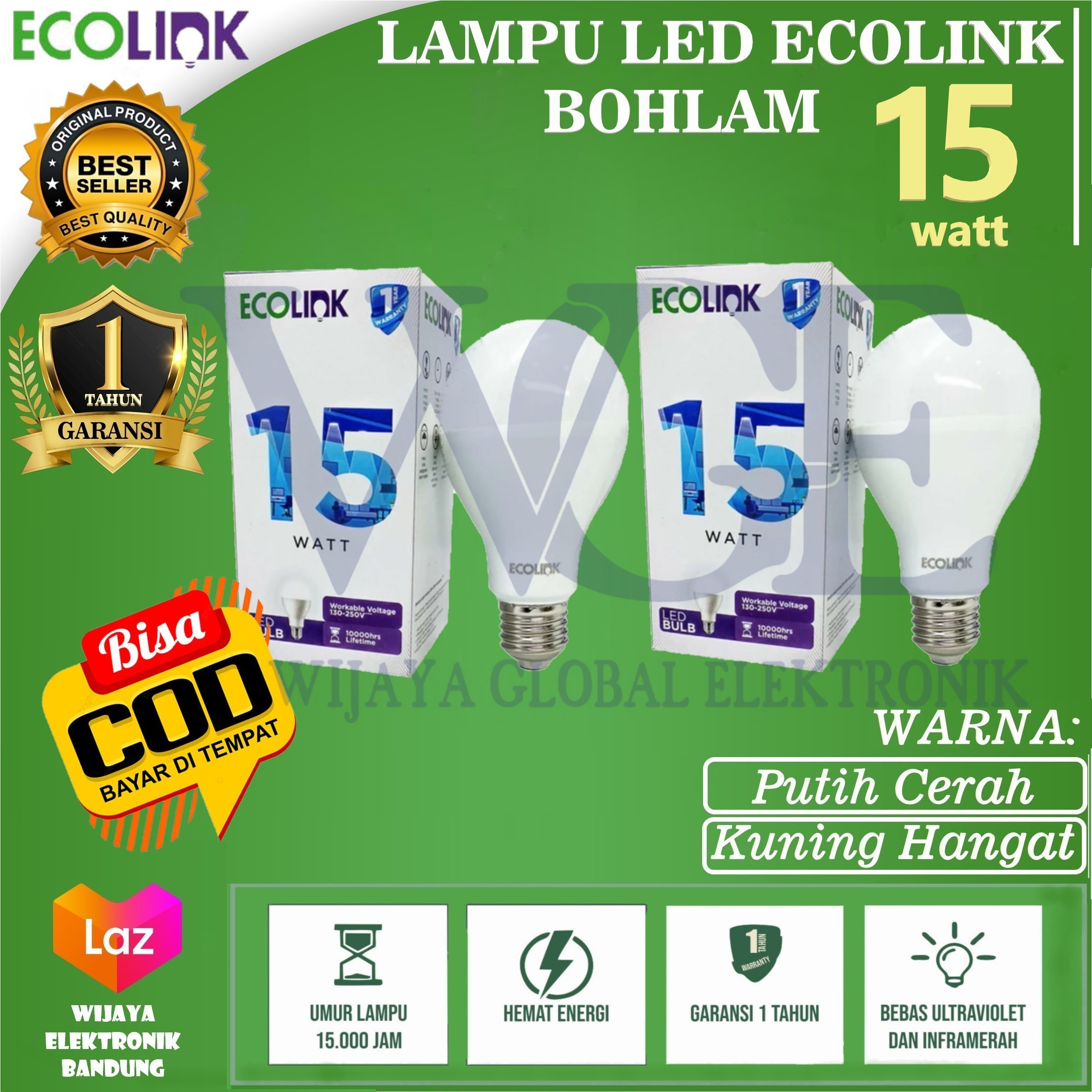 Bisa COD Paket Isi 2 Pcs Lampu LED ECOLINK Bohlam Bulb 15w 15watt