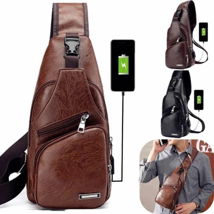 Travelbuddy Tas Selempang / Slempang Pria Sling Bag Kulit USB Port + Earphone Hole
