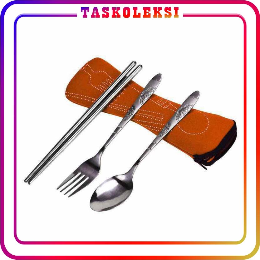 TK - R088 Set 3 in 1 Sendok Garpu Sumpit Pouch Stainless Steel Dapur Travel Souvenir Pernikahan Alat Makan Import Murah