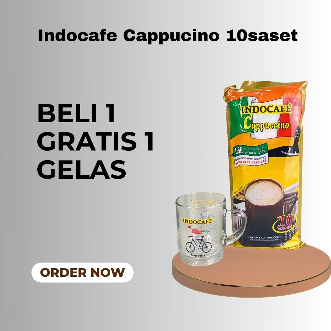 PROMO BELI 1 GRATIS 1 GELAS Indocafe Cappuccino 1 Renceng 10 Sachet