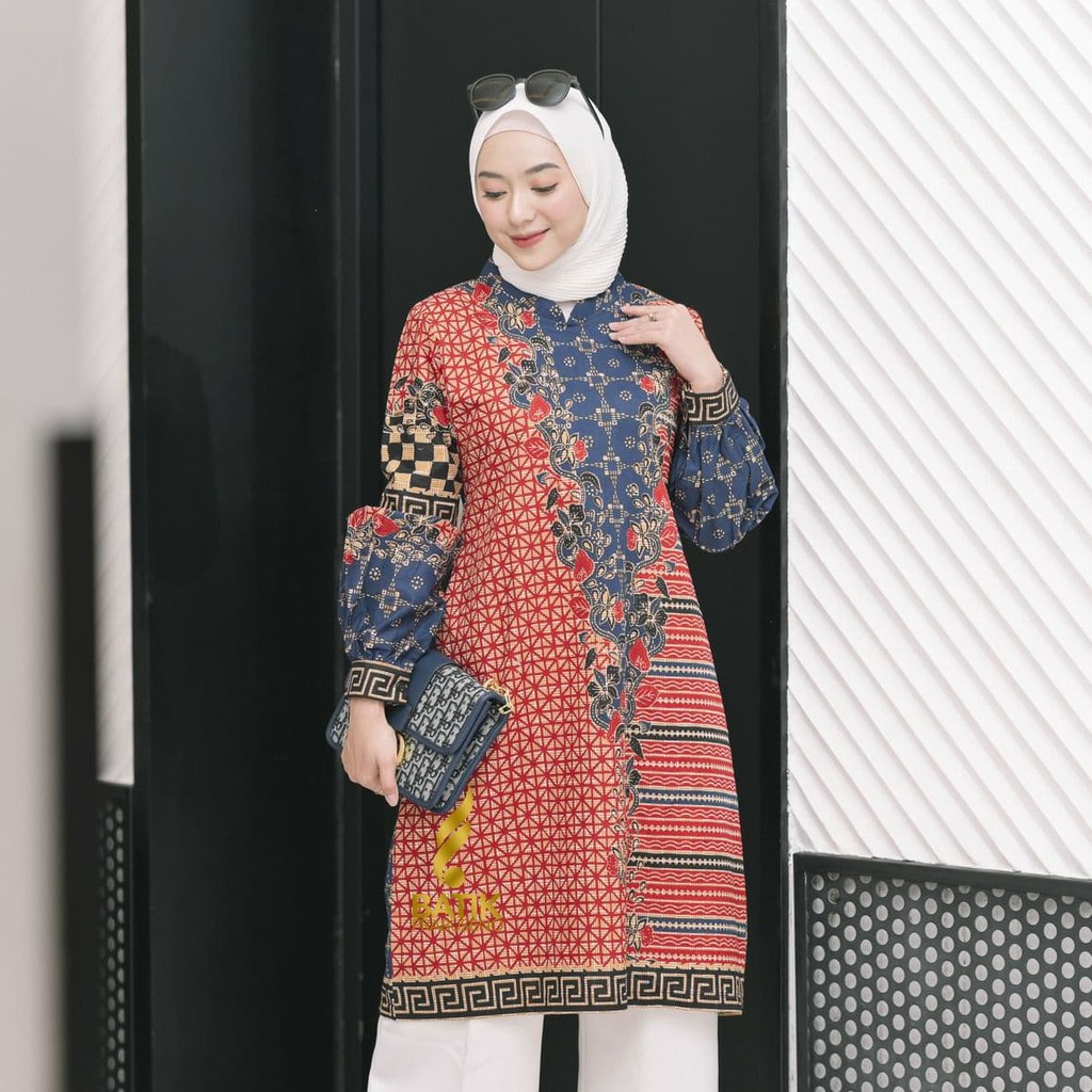 Tunik Atasan Anjar Baju Batik Wanita Lengan Panjang Modern Jumbo