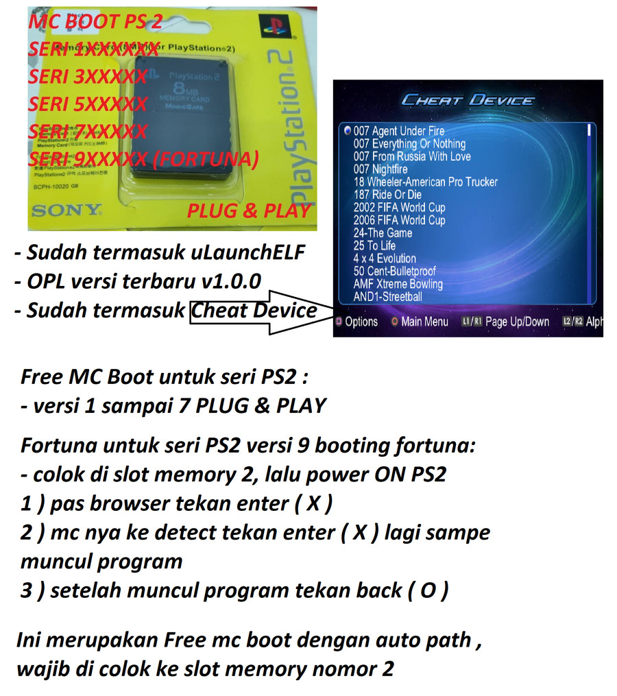 FREE MC BOOT PS2 SLIM FAT FORTUNA PLUG AND PLAY 8MB 64MB MC BOOTING