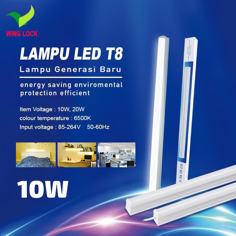 T8 Set LED 10 Watt Putih Lampu TL LED 10W Kap Balok T8 Wing Lock