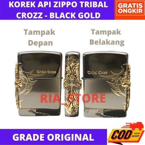 KOREK API ZIPPO BLACK GOLD TRIBAL CROZZ 2 SISI DEPAN Korek Api Zippo