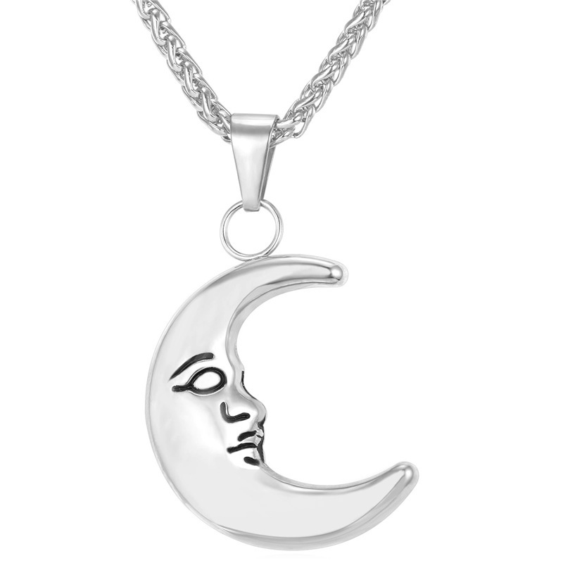 U7 Pose Setengah Bulan Pendant Necklace Fashion Stainless Steel Wanita/Pria Perhiasan Aksesoris Indah Hadiah Yang Sempurna (Silver)