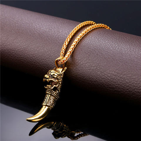 U7 Punk Dragon Kepala Bentuk Gigi Serigala Liontin Kalung untuk Pria Fashion 18 K Emas Asli Disepuh Perhiasan Sempurna Pesta Aksesoris (Emas)