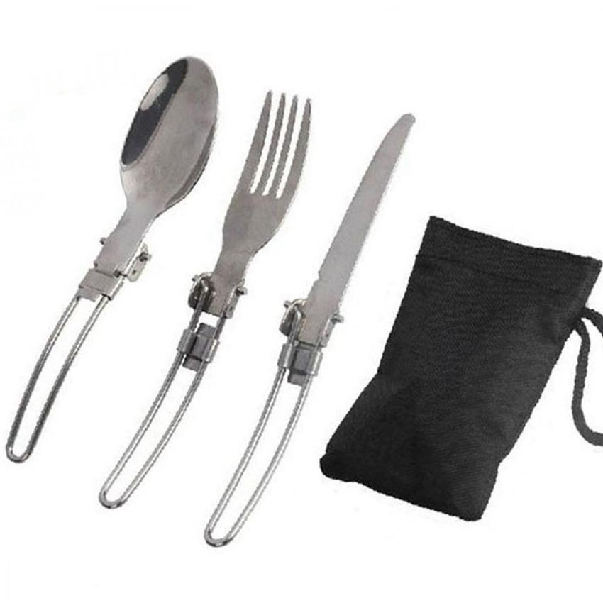 Silver Folding Spoon Fork Cutter Set Stainless Steel Camping Flatware GA