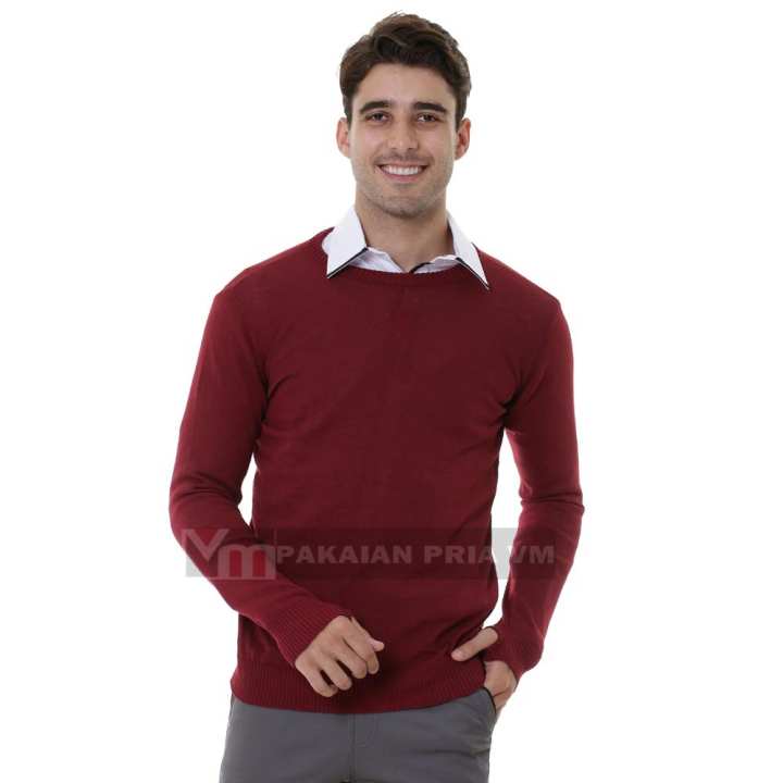 VM Sweater  Long Knit Zipper Hoodie Rajut Merah  Maroon  