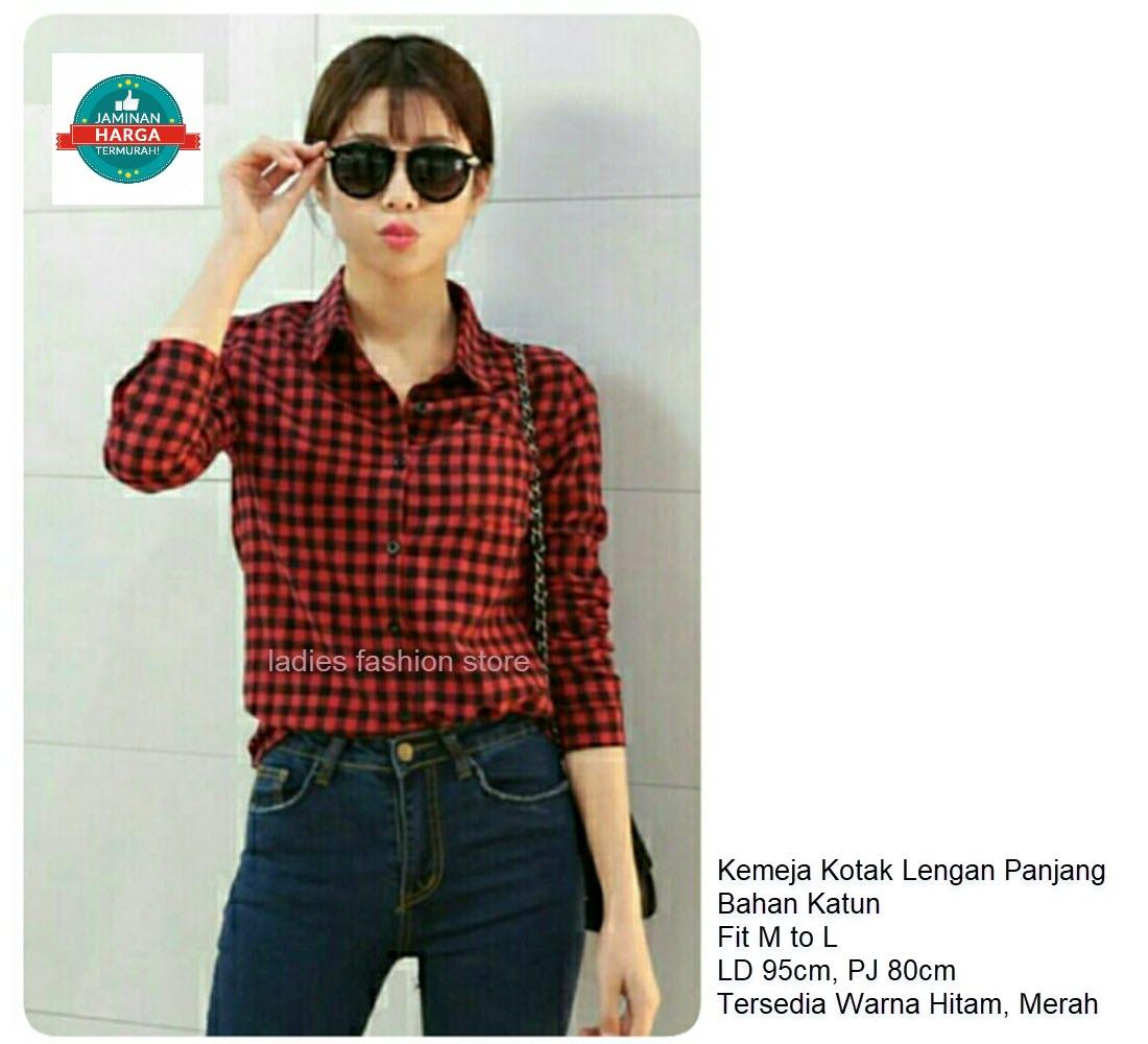 Kemeja Kotak Kotak Wanita Warna Merah - Koleksi Rina