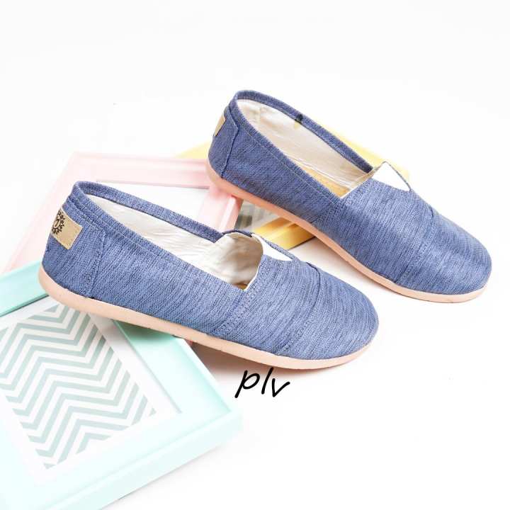 Sepatu Wanita Flat Shoes Slip On Kanvas NS55 Serat - Denim