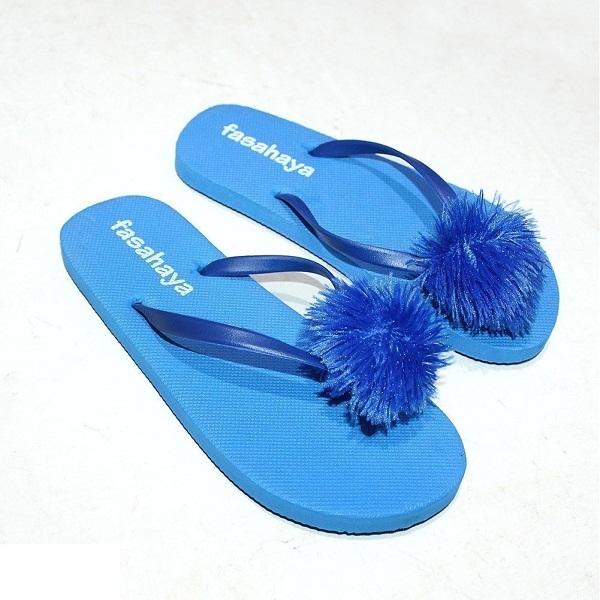 Fasahaya Sandal Pompom/ Sendal Pompom Wanita Jepit Spon Teplek Santai Cantik Terbaru Murah Meriah JPT02 Biru