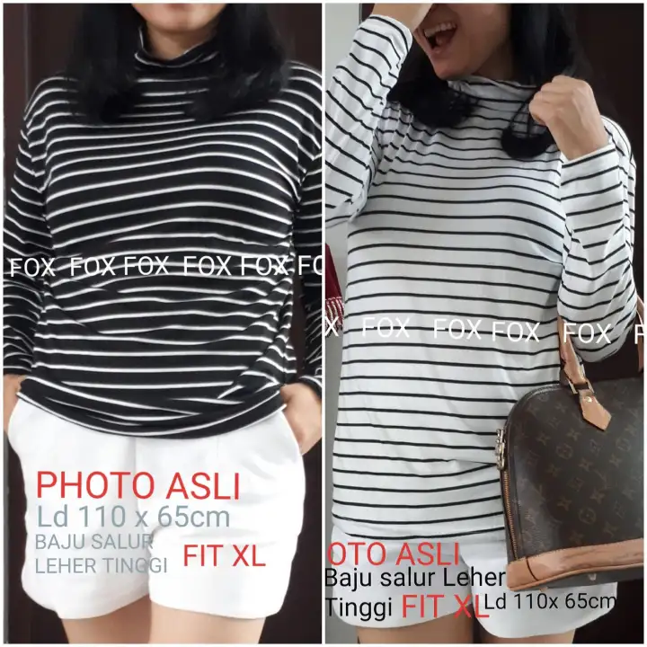 Fox Baju Salur Kaos Lengan Panjang Wanita Stevia Top Kaos Lengan Panjang Leher Tinggi Wanita Baju Lengan Panjang Baju Garis Hitam Putih Baju