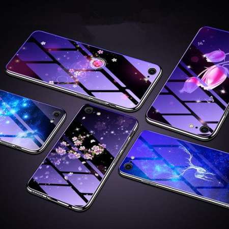Phone Case For Vivo Y71 , Luxury Bling Sky Flower Soft Hybrid Silicone TPU +Blue Tempered Glass Backboard [Drop Protection] [Anti-Scratch] Soft Case Cover For Vivo Y71 - intl