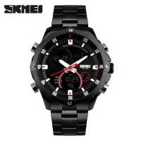 SKMEI Jam Tangan Formal Pria Men Quartz Watch LED Digital Alarm Wristwatches Stainless Steel Strap Sports Watches Besar Tahan Air Jam Tangan Pria -Intl