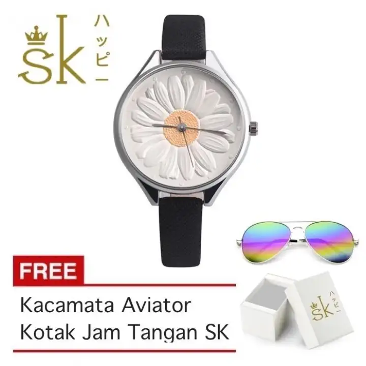 SK Flower - Jam Tangan Wanita - 3D Flower - Strap Leather - FREE_BOX