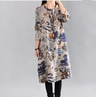 Busana musim gugur model baru Retro Sastra model setengah panjang ukuran besar longgar kain linen gaun