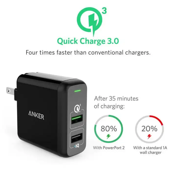 Anker Wall Charger PowerPort 2 Quick Charge 3.0 Hitam - A2024J11 - Hitam