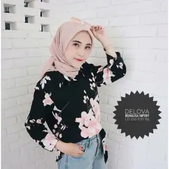 YAO YAO - DELOVA BLOUSE HITAM & NAVY PAKAIAN WANITA