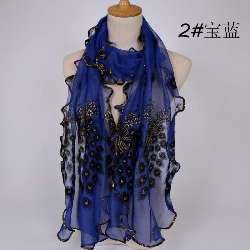 Women Long Soft Silk-look Peacock Printed Scarf Wrap Lace Shawl 
