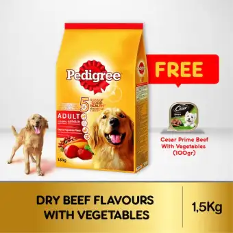 PEDIGREE DRY 1.5kg RASA BEEF VEG + FREE 1 CESAR PRIME BEEF & VEG