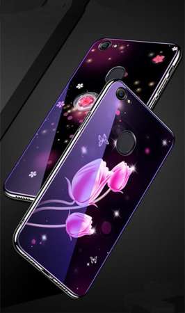 Phone Case For OPPO F7 , Luxury Bling Sky Flower Soft Hybrid Silicone TPU +Blue Tempered Glass Backboard [Drop Protection] [Anti-Scratch] Soft Case Cover For OPPO F7 - intl